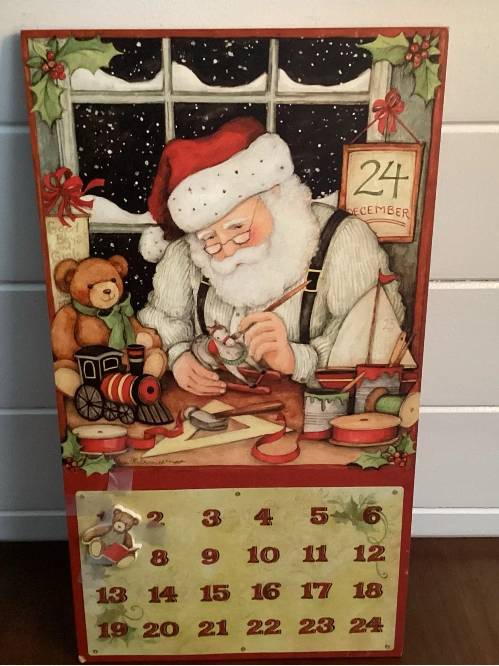 Santa Advent Calendar by Susan WingateWall Hanging - Red and Green Holiday Decor